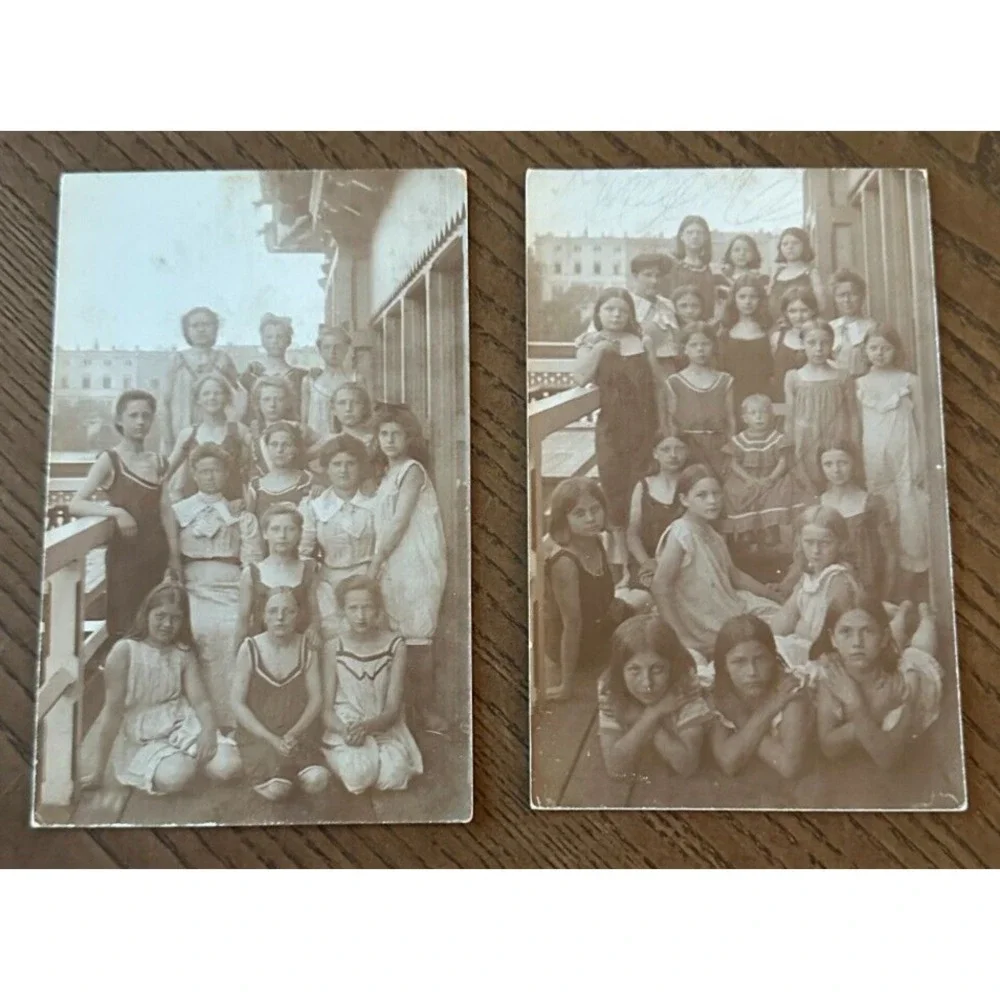 2 Antique RPPC Portrait Girl Group Swimsuits BATHING SUITS Mother Daughters OOAK